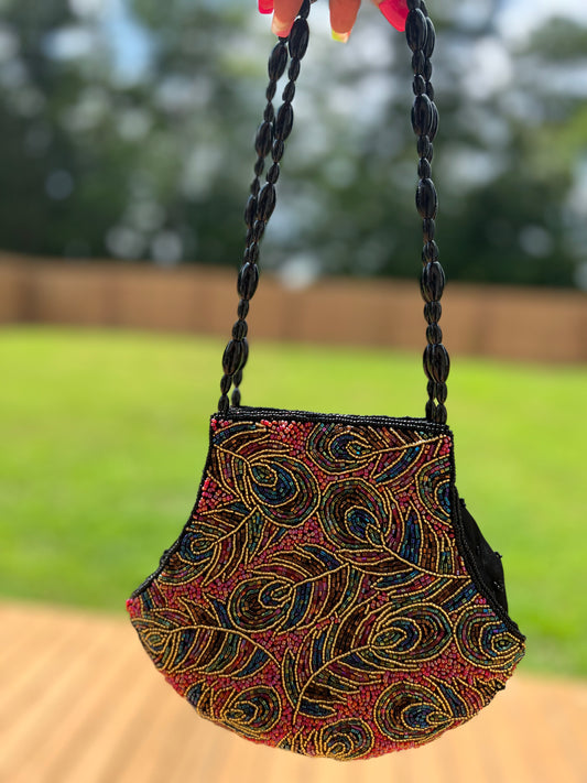 La Regale Vintage Black & Multicolor Beaded Peacock Purse